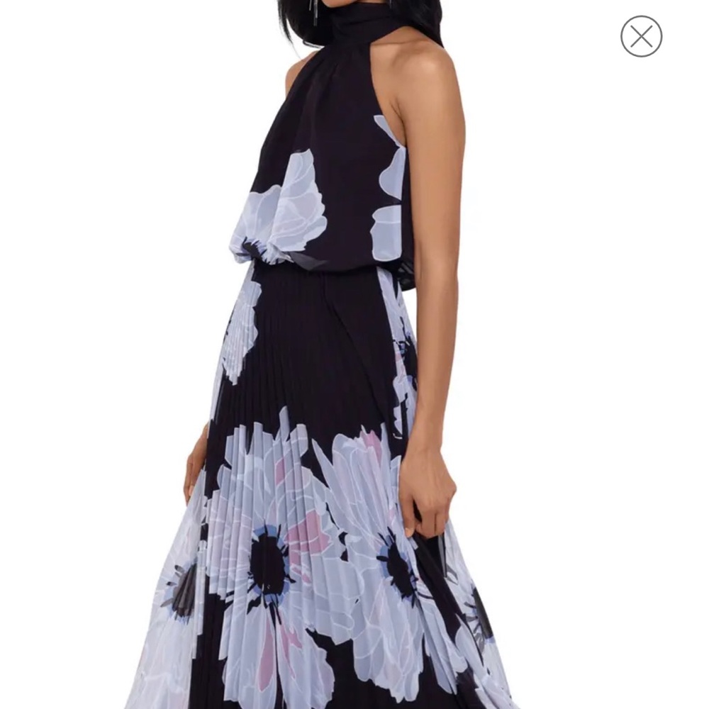 Floral Mock Neck Pleated Chiffon Gown
